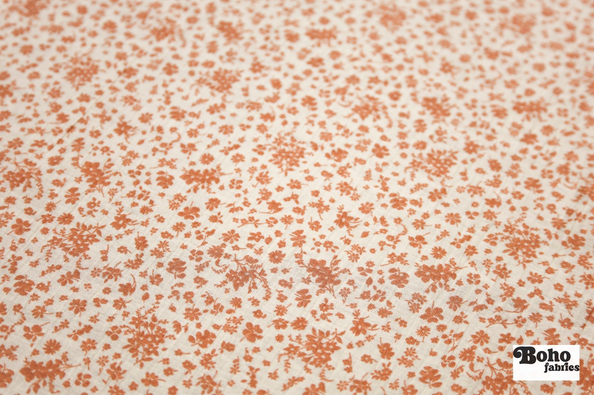 White with Tan Florals Crinkle Woven Fabric - Boho Fabrics - Woven Fabric