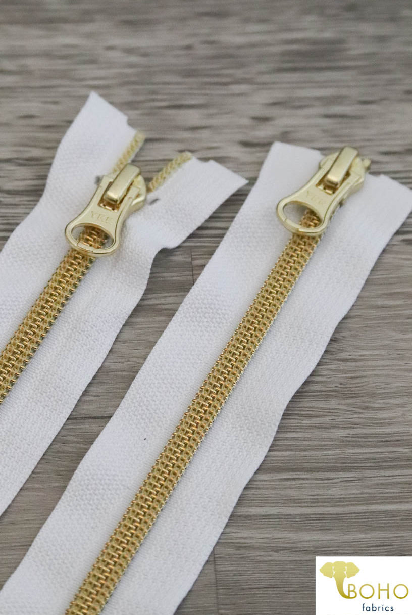White/Gold, 2-Way Separating Jacket Zippers, Size 25"-30" - Boho Fabrics