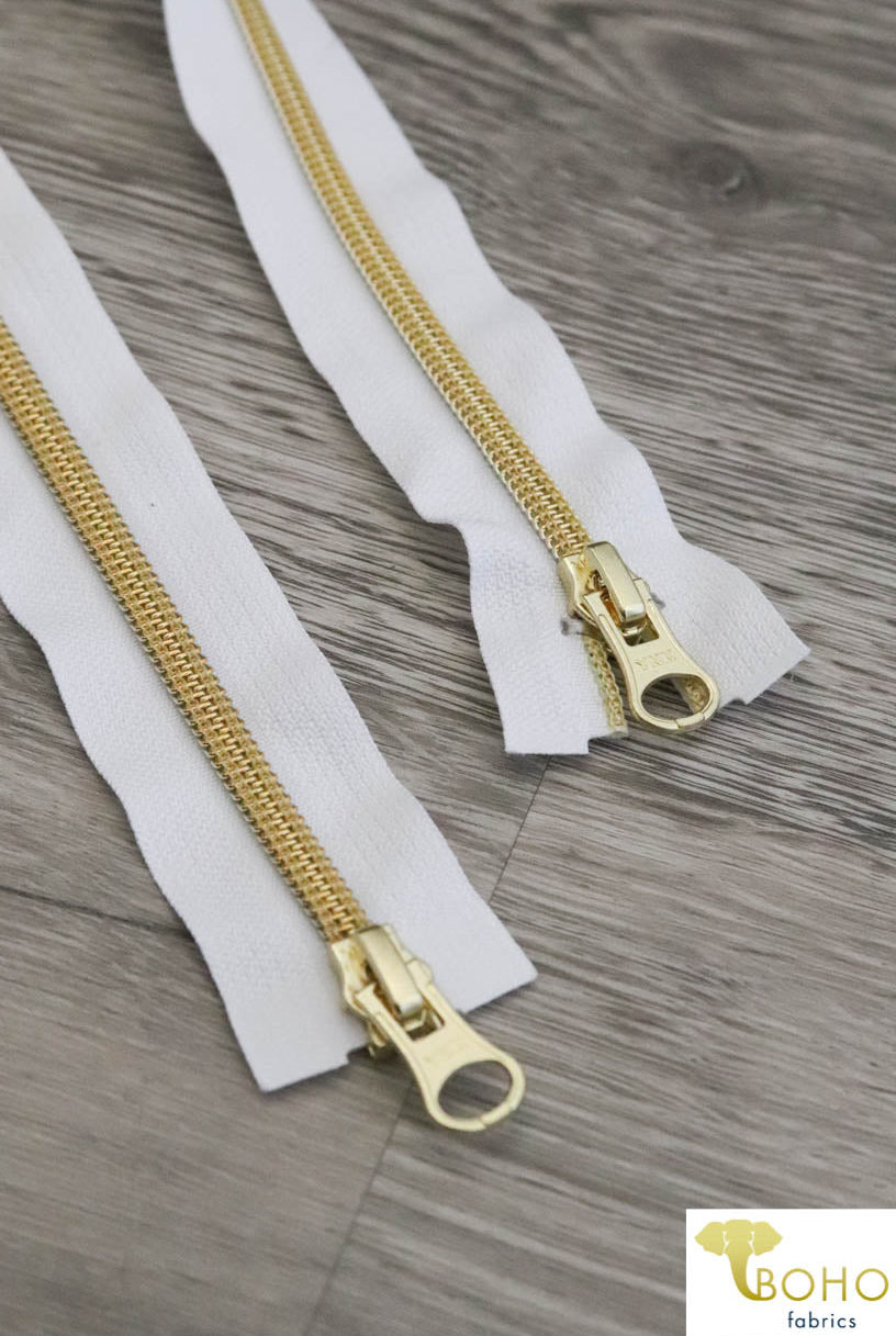 White/Gold, 2-Way Separating Jacket Zippers, Size 25"-30" - Boho Fabrics