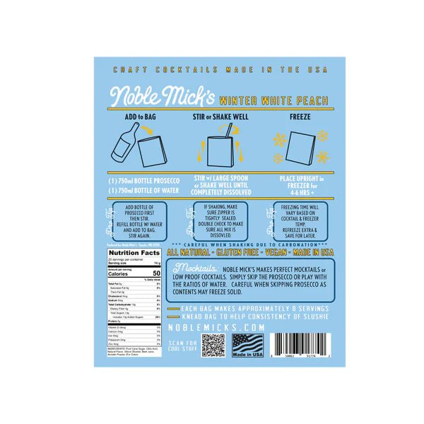 Winter White Peach Bellini, Noble Mick's Frozen Cocktail Drink Mix - Boho Fabrics - Holiday Gifts