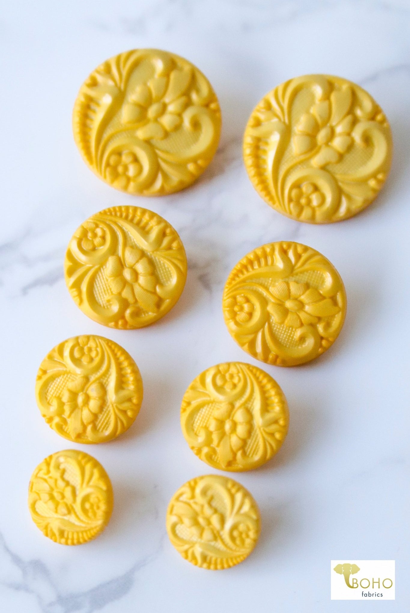 Yellow, Art Nouveau Florals, Shank Buttons. Available in 15mm, 18mm, 20mm, 25.5mm - Boho Fabrics
