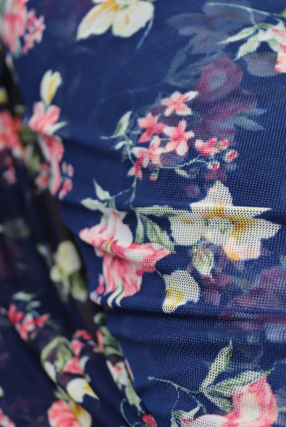 Yellow Island Florals on Blue. Stretch Mesh Print. - Boho Fabrics