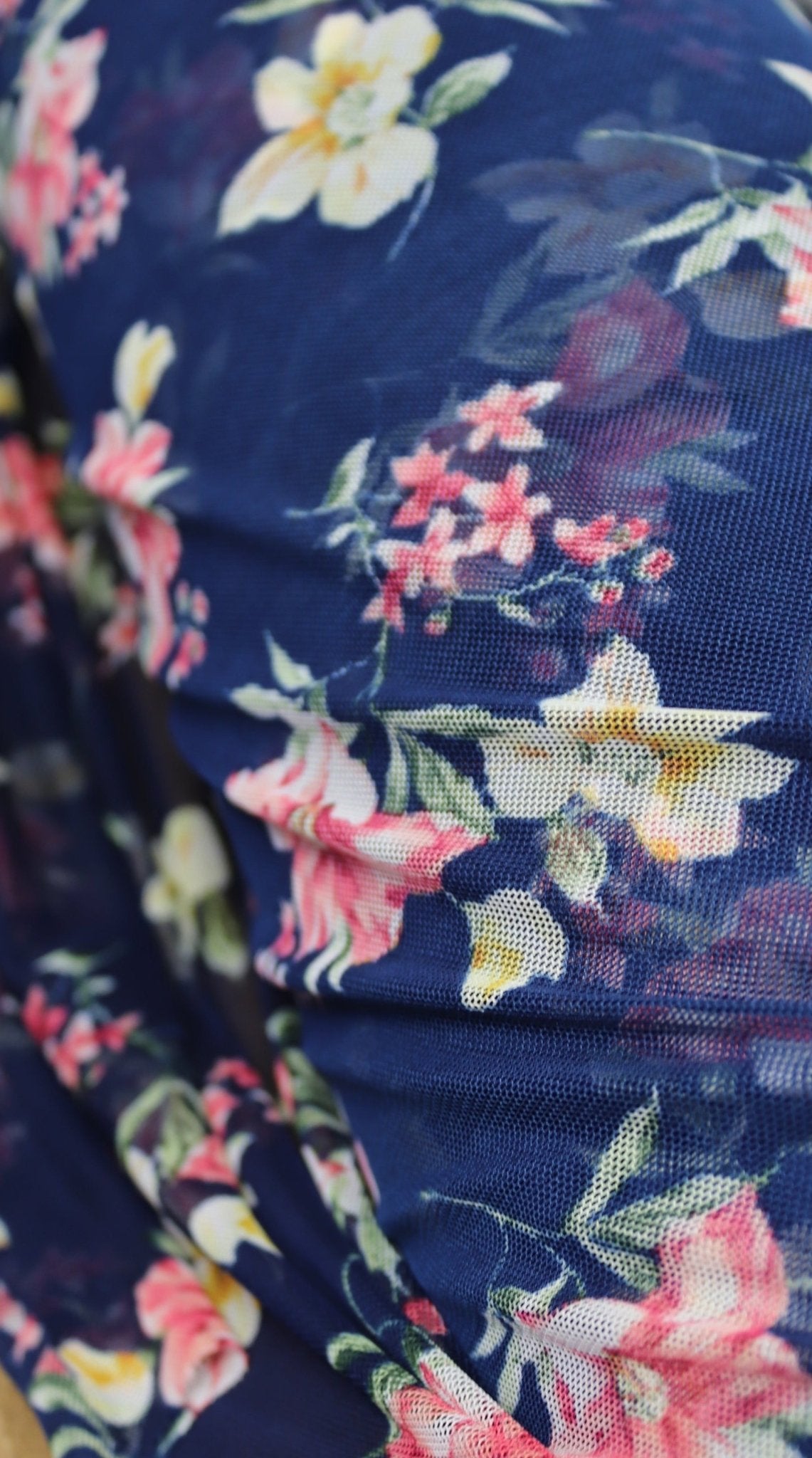 Yellow Island Florals on Blue. Stretch Mesh Print. - Boho Fabrics