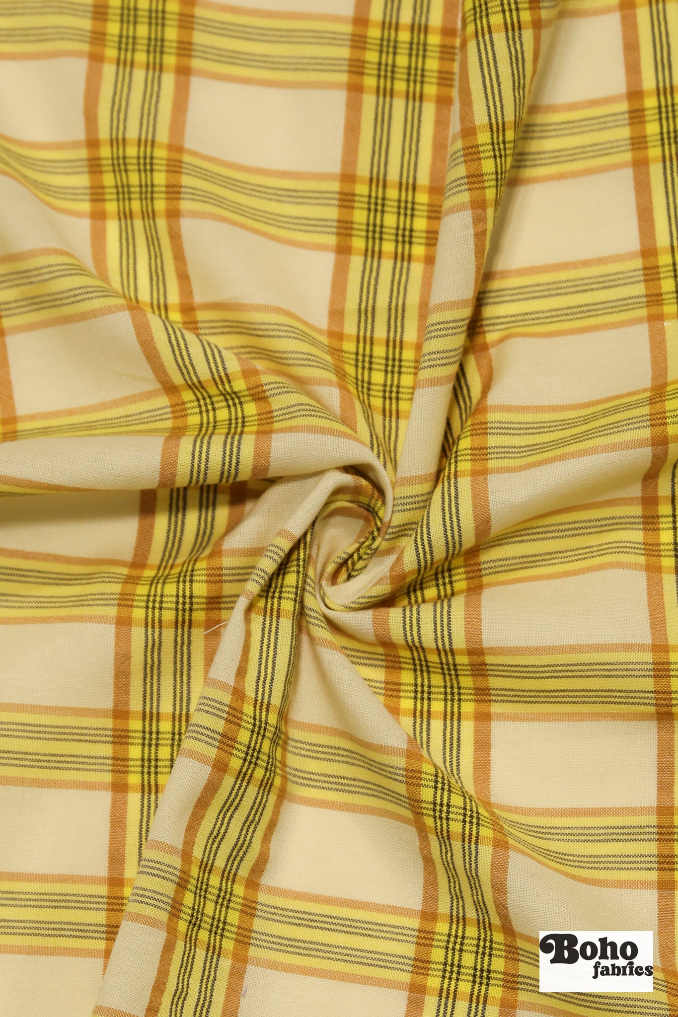 Yellow, Tan & Black Plaid Cotton Woven Fabric - Boho Fabrics - Shirting, Woven