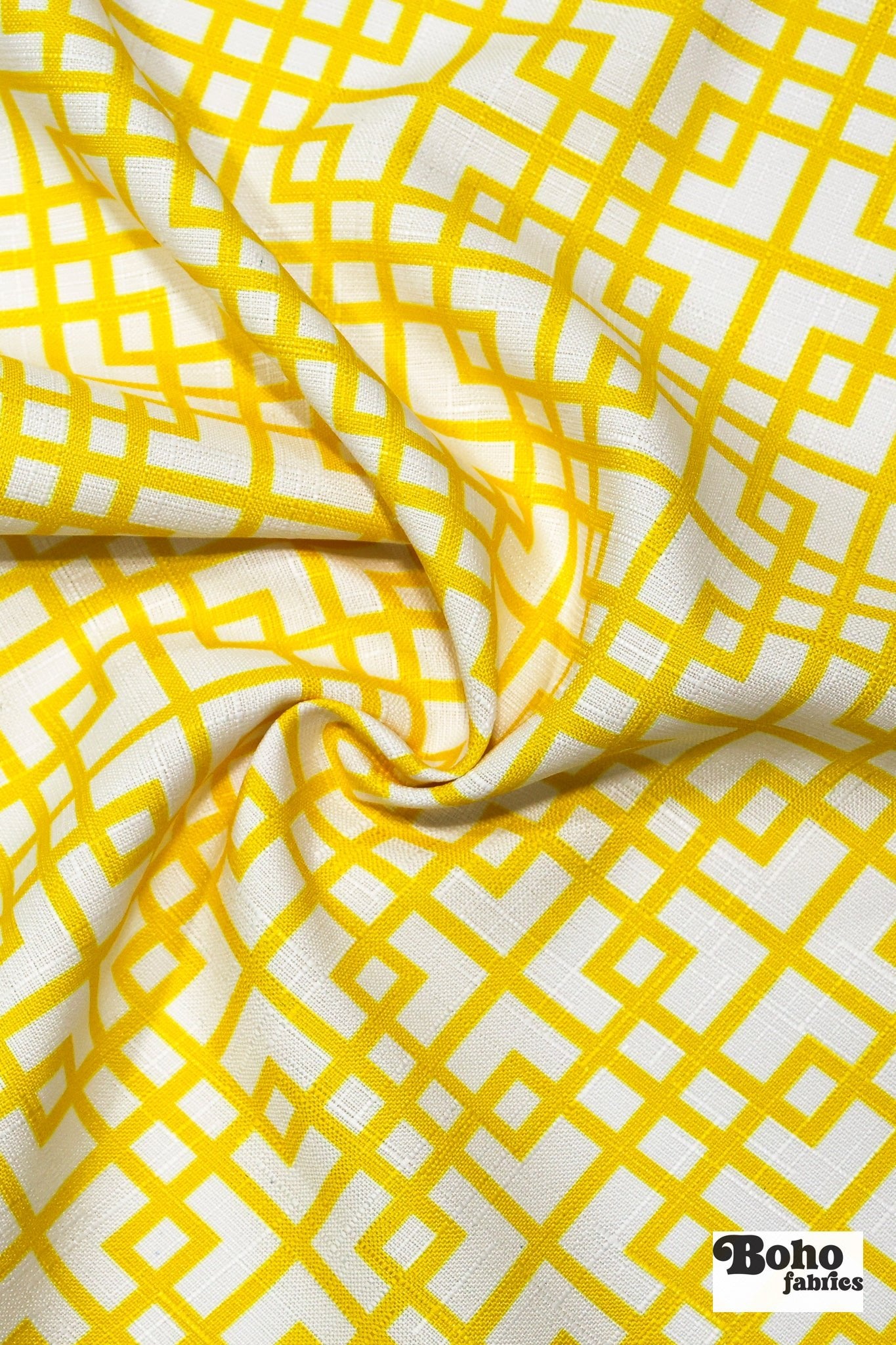 Yellow & White, Interlocking Squares Linen-Look Woven Fabric - Boho Fabrics - Home Dec. & Upholstery Fabric