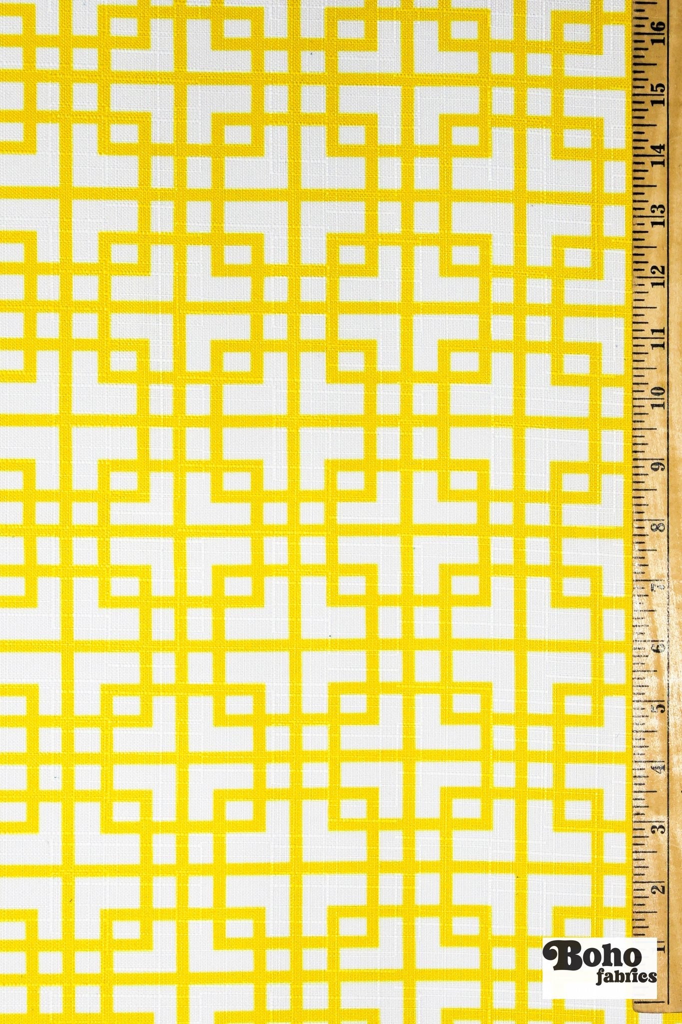 Yellow & White, Interlocking Squares Linen-Look Woven Fabric - Boho Fabrics - Home Dec. & Upholstery Fabric