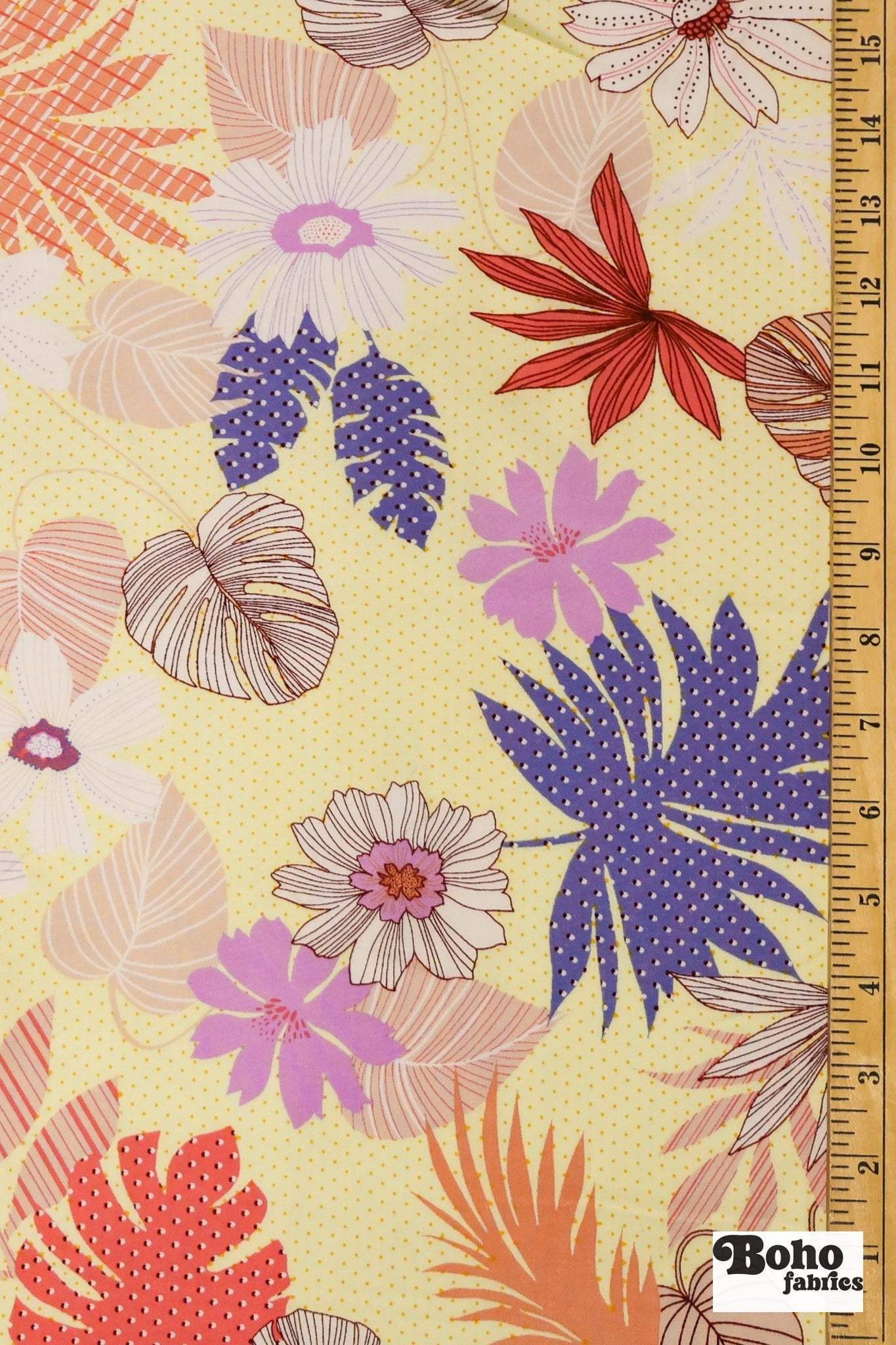 Yellow with Tropical Leaves and Polka Dot Florals Rayon Challis Woven Fabric - Boho Fabrics - Challis, Woven
