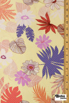 Yellow with Tropical Leaves and Polka Dot Florals Rayon Challis Woven Fabric - Boho Fabrics - Challis, Woven