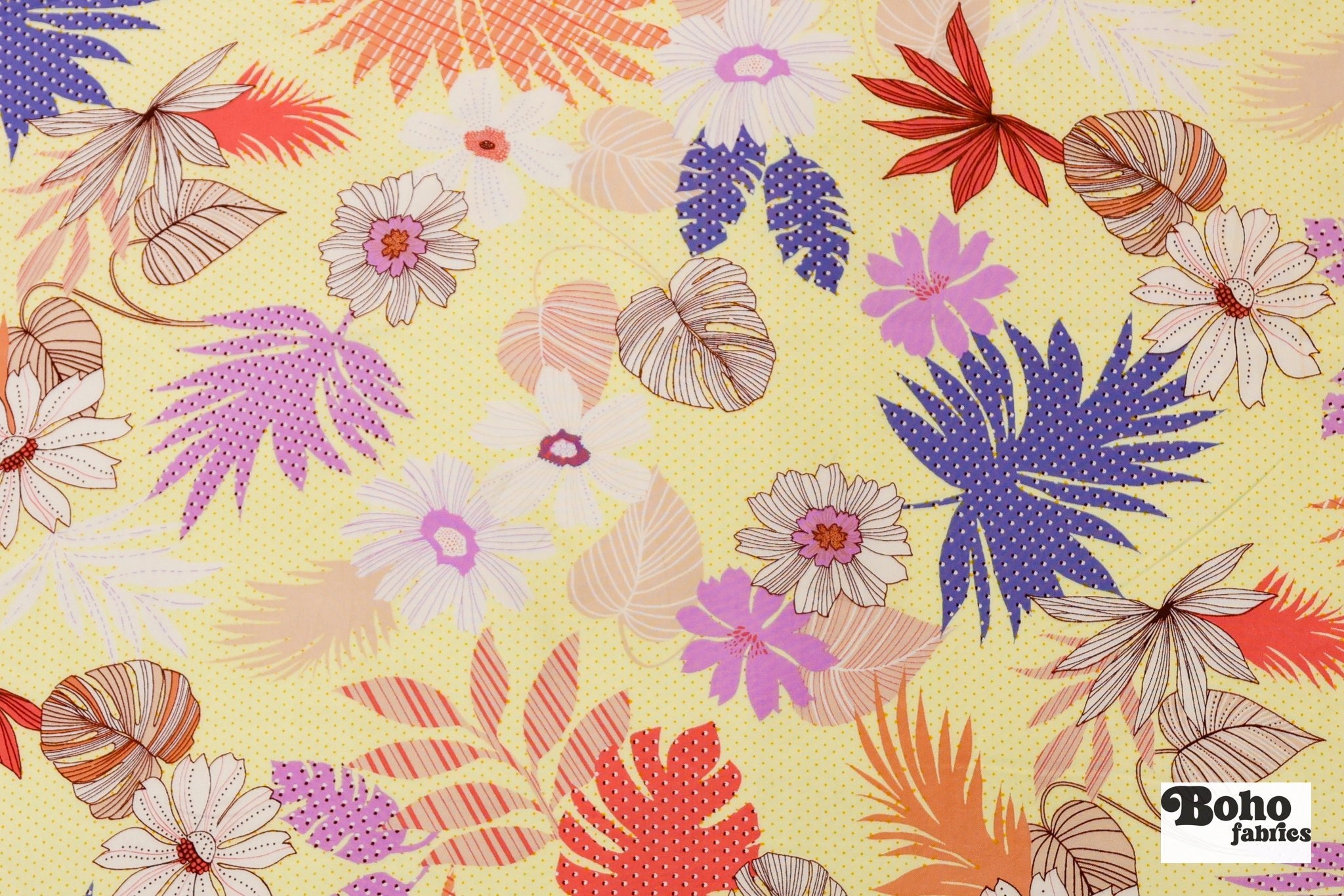 Yellow with Tropical Leaves and Polka Dot Florals Rayon Challis Woven Fabric - Boho Fabrics - Challis, Woven