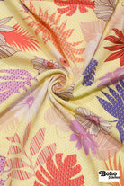 Yellow with Tropical Leaves and Polka Dot Florals Rayon Challis Woven Fabric - Boho Fabrics - Challis, Woven