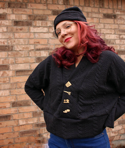 Black "Cable" Knit, Quilted Knit